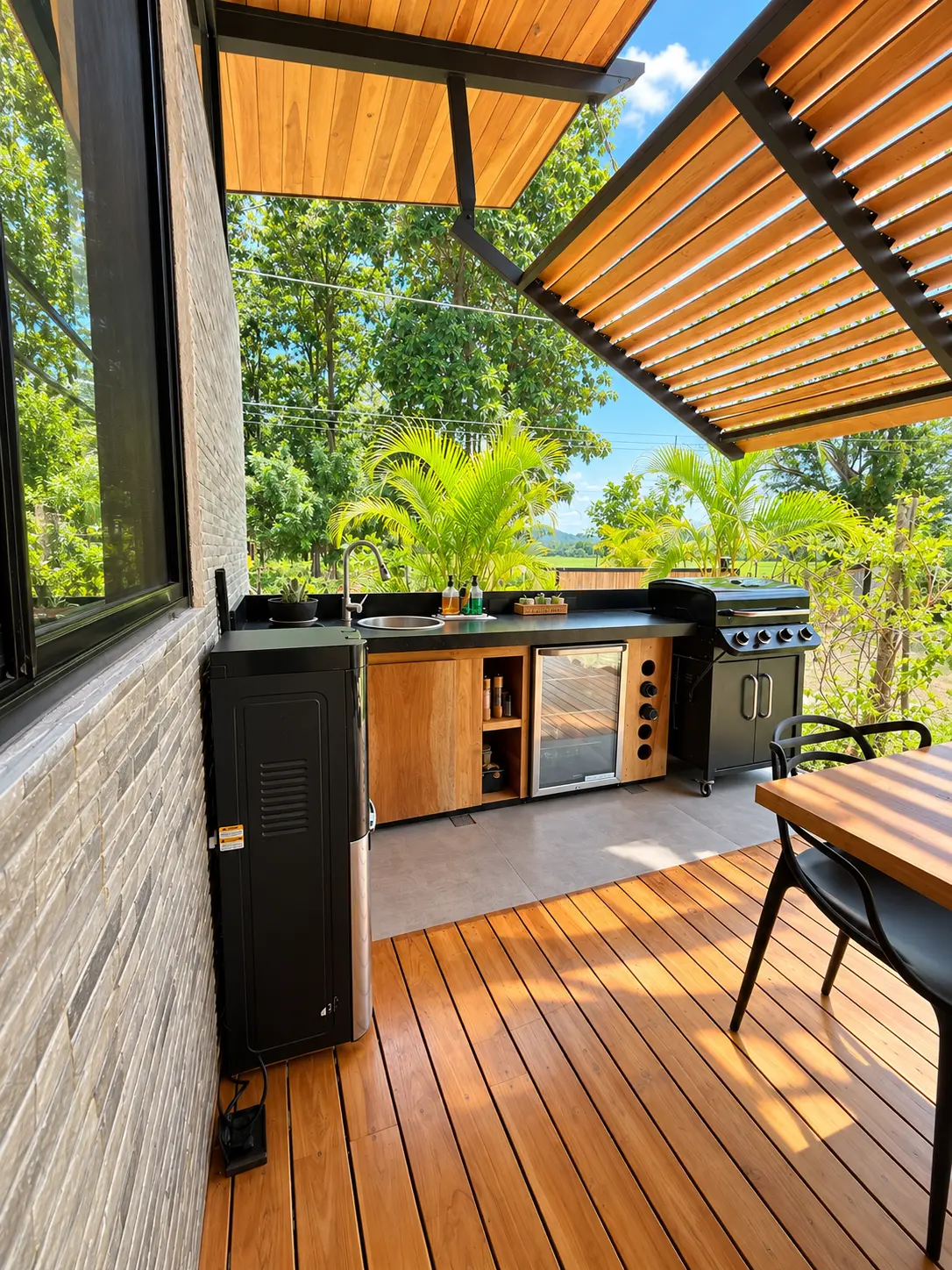 Barbecue area on the covered deck: grill, counter, beverage refrigerator and water dispenser