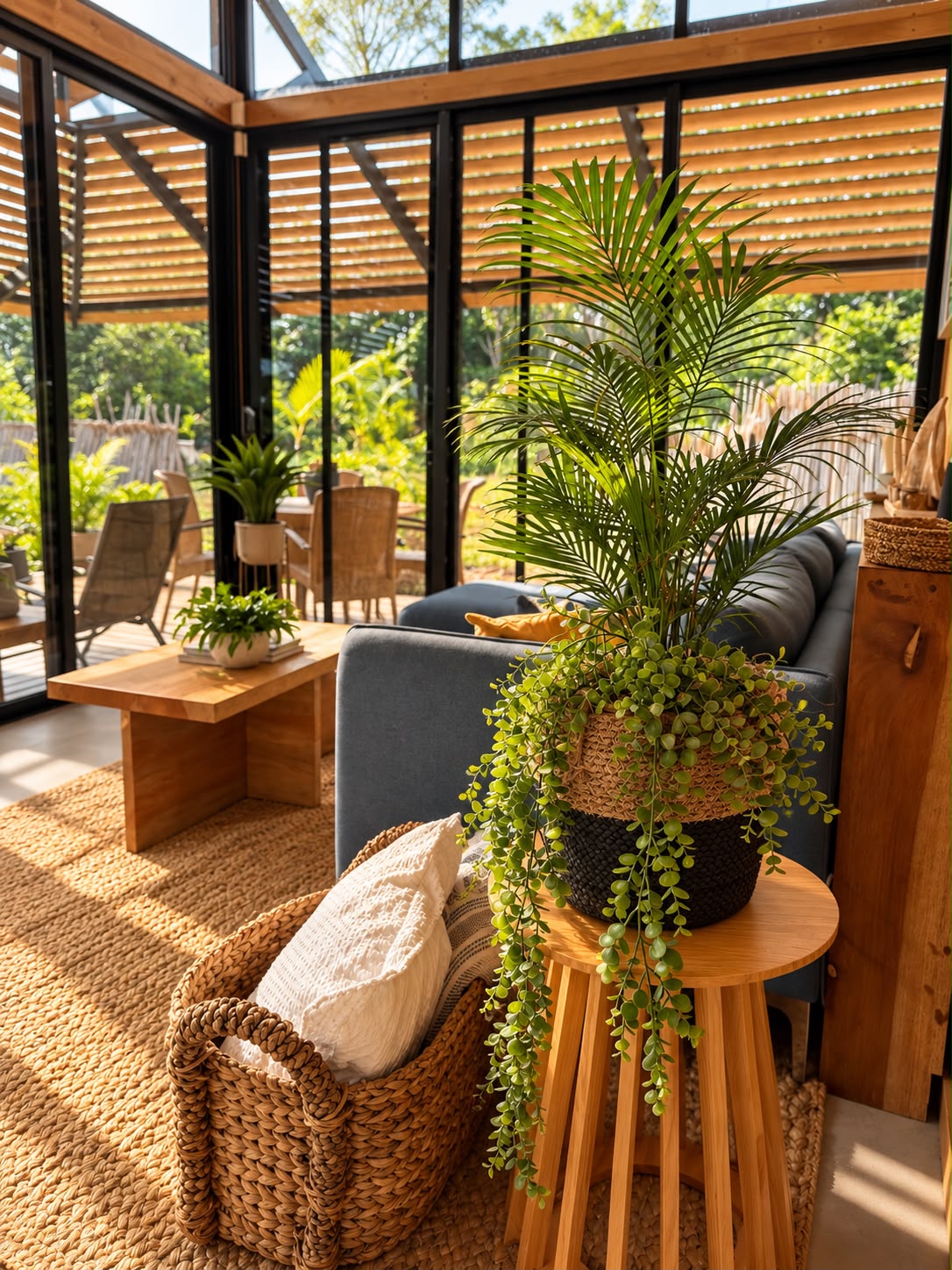 Living room with tropical plants, woven textures and glass walls opening to the deck